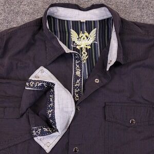 Skully Western Pearl Snap Shirt Mens XL Purple Black White Striped Flip Contrast